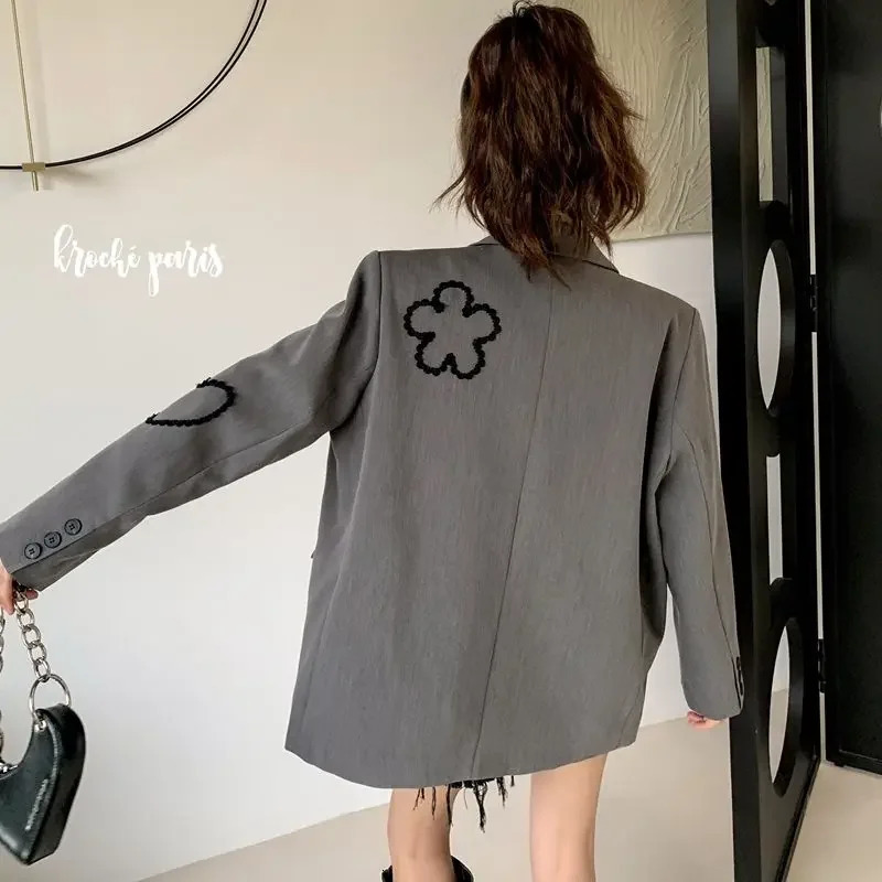 Vintage Oversized Women Blazers Long Sleeves Suit Jacket Flowers Embroidery er Clothing Coats Y2k Harajuku 250207