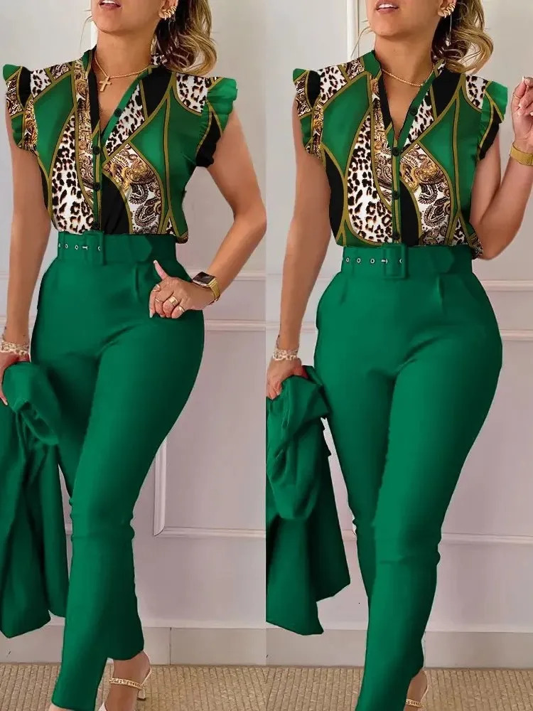Womens Elegant Slim Two-Piece Sets Summer Fashion Print V Neck Button Flying Sleeve Shirt Top Solid Long Pants Suits With Belt 250207