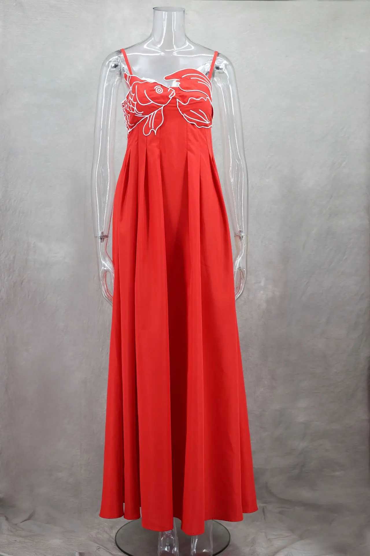 Summer 2024 Lady Party Strtwear Red Fish Top Maxi Dress For Women Sexy Sling Sveless Backless Femlae Robe Strt Dresses W250208