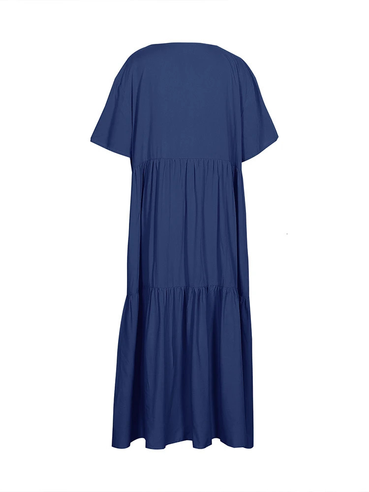 Plus Size Dres 2024 Summer VNeck Short Sleeve Pleated Solid Color Casual Midi Dress Hem Loose XL5XL 250207