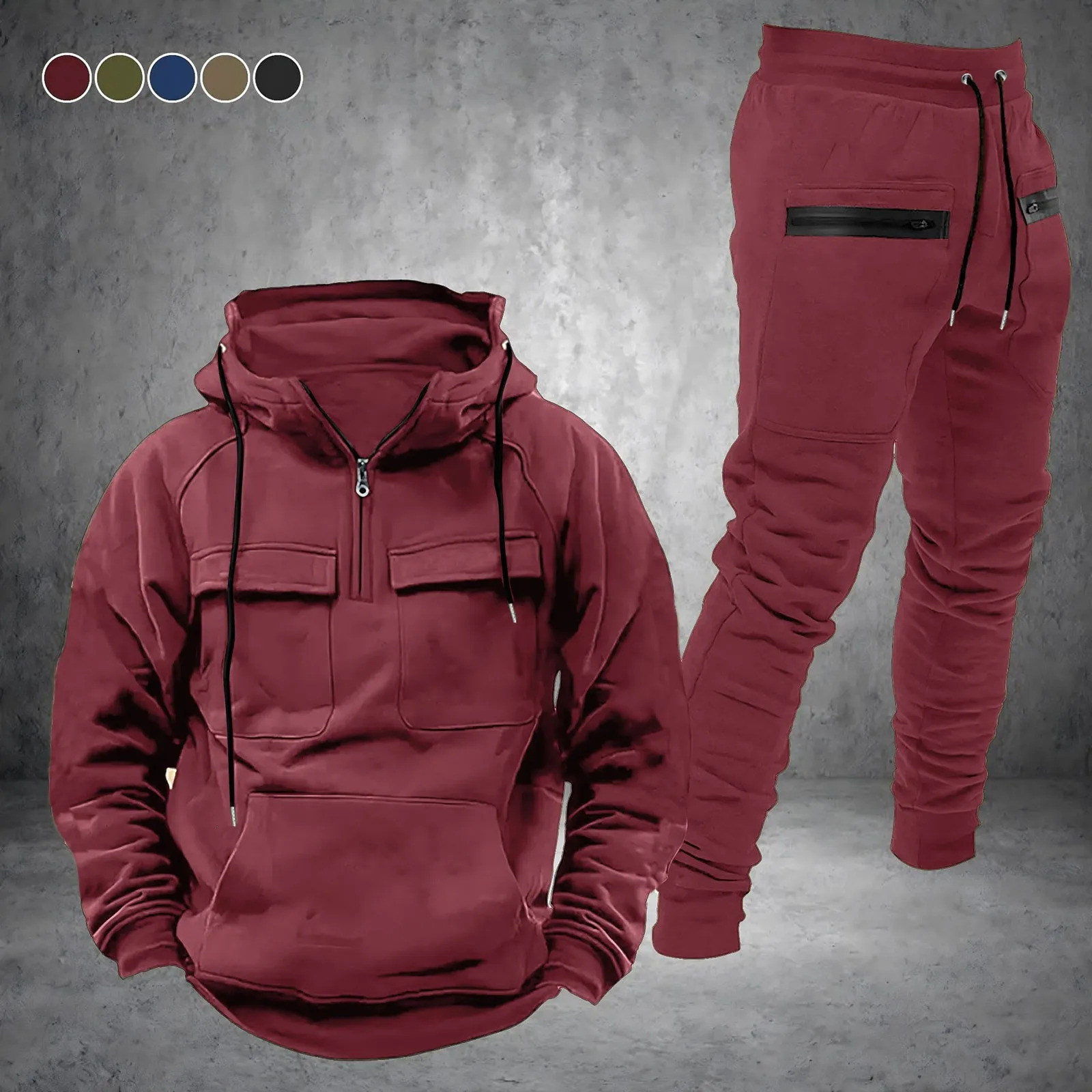 Soild Mens Sweatshirt 2 Piece Outfit Autumn And Winter Fashion Hald Zipper Hooded Sweater Pants Sports Outfit Mens Clothing 250206