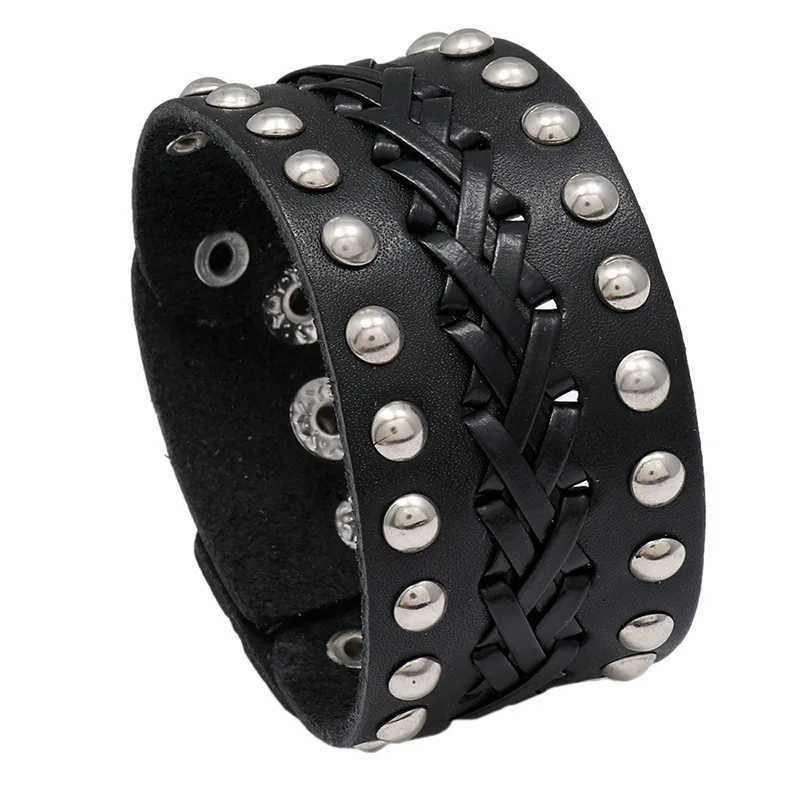 Newest Wide PU Leather Bracelet Punk Bracelet Adjustable Goth Cuff Bracelet Gothic Rivet Buckle Wristband For Women Mens Jewelry Y250208