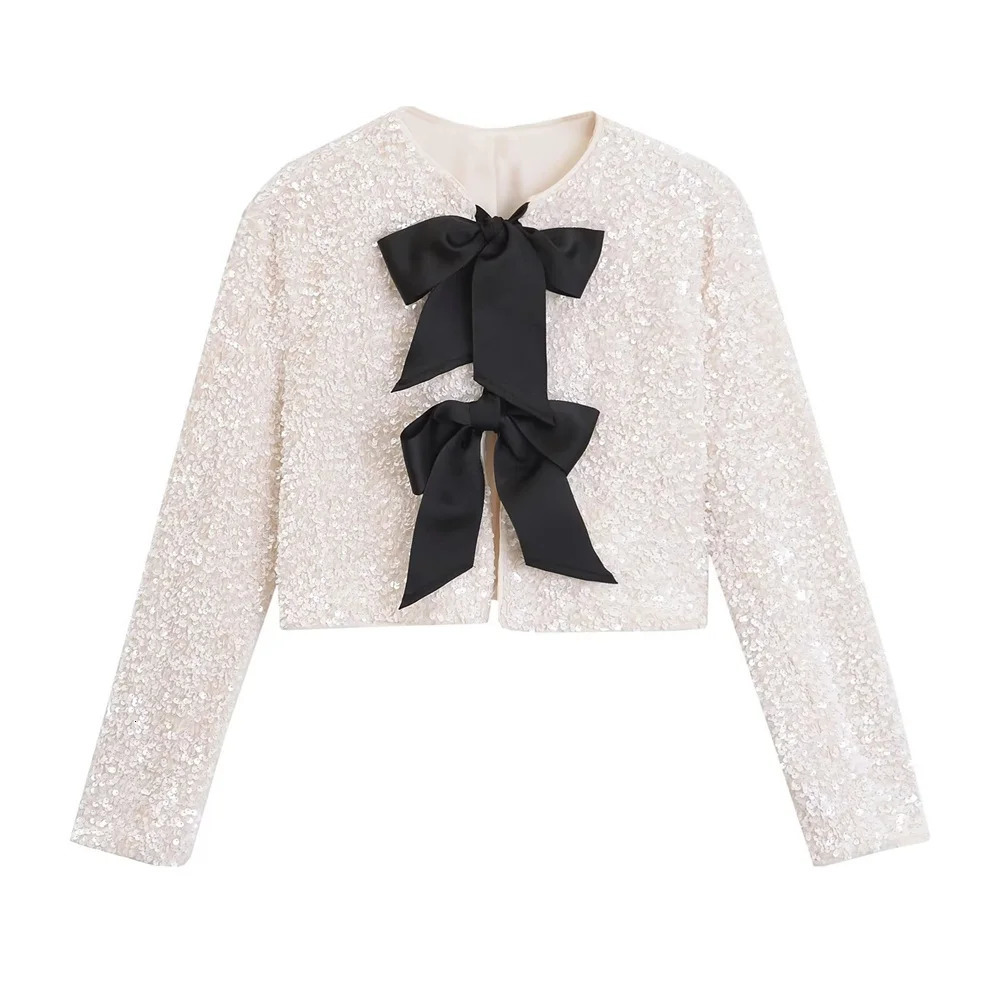 UNIZERA Autumn/Winter Product Womens Fashionable and Stylish Round Neck Long sleeved Bow Tied Sequin Suit Coat 250207