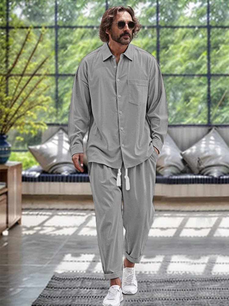 Spring and autumn mens fashion trend quality cotton linen shirt casual loose solid color lapel long sleeve trousers two sets 250208