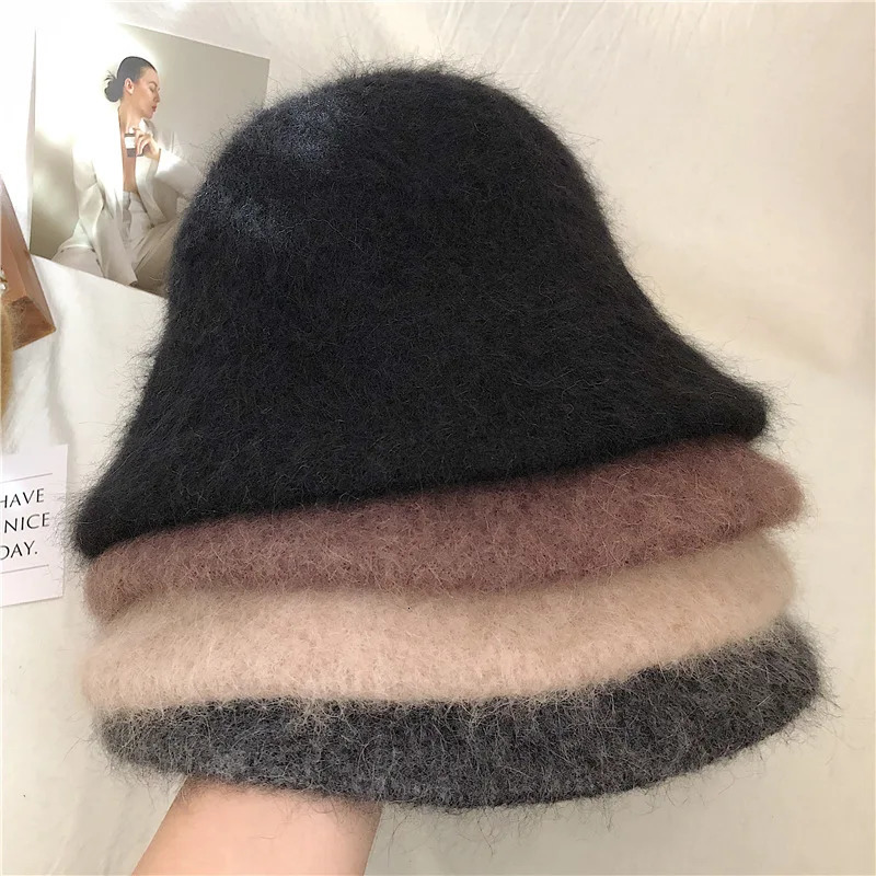 Good Angola Long Rabbit Fur Fisherman Bucket Hat Winter Fashion Soft Warm Wool Basin Cap Foldable Women Gift 250221