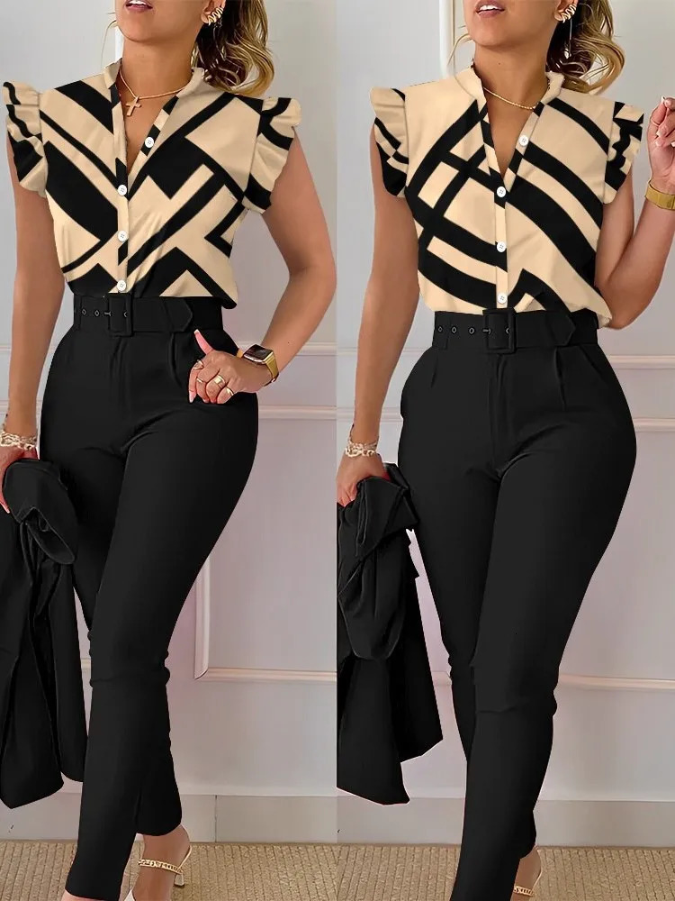 Womens Elegant Slim Two-Piece Sets Summer Fashion Print V Neck Button Flying Sleeve Shirt Top Solid Long Pants Suits With Belt 250207