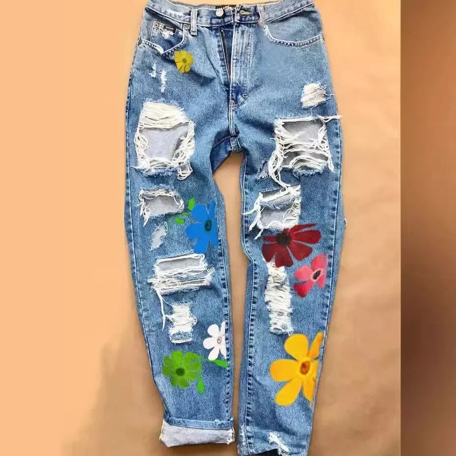 Printed Ripped Fashion High Waist Four Seasons Straight Through Womens Jeans Trousers 250206