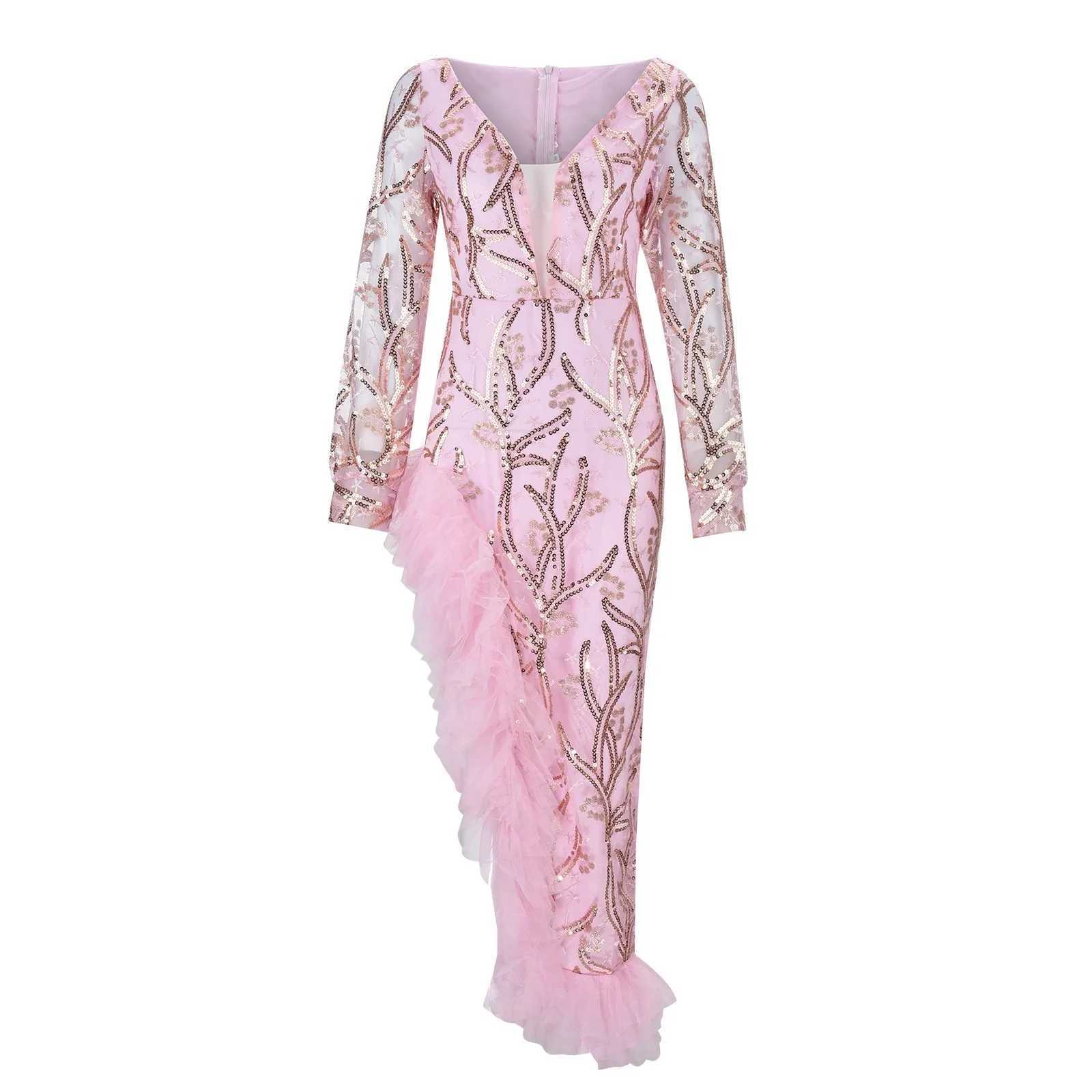 Womens Dp V-Neck Prom Dress Female Evening Gowns All Sequined Glitter Ruffles Split Maxi Dress Puffy Party Dress W250208