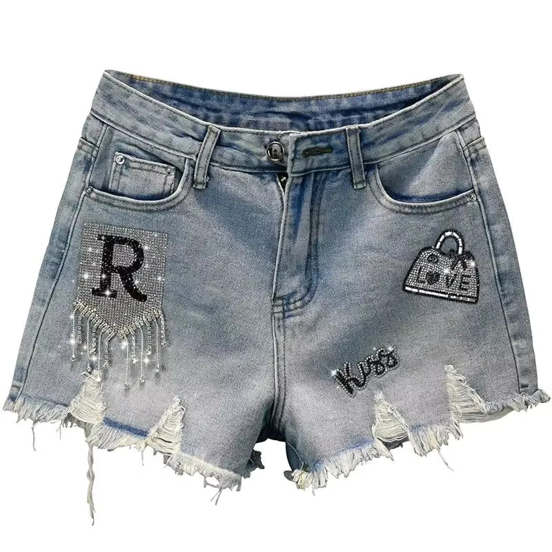 Tassel Diamond Broken Denim Shorts For Women 2025 Summer New Style Retro Slim Fit Ragdoll Sexy Hot Pants For Women Short Jeans Street Clothing
