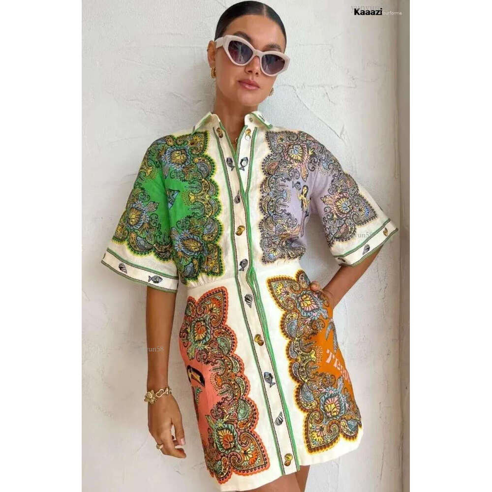 Casual Dresses KAAAZI Women Print Mini Dress Turn-down Collar Short Sleeve Button Holiday 2023 Summer Shirt Vintage Fashion Chic