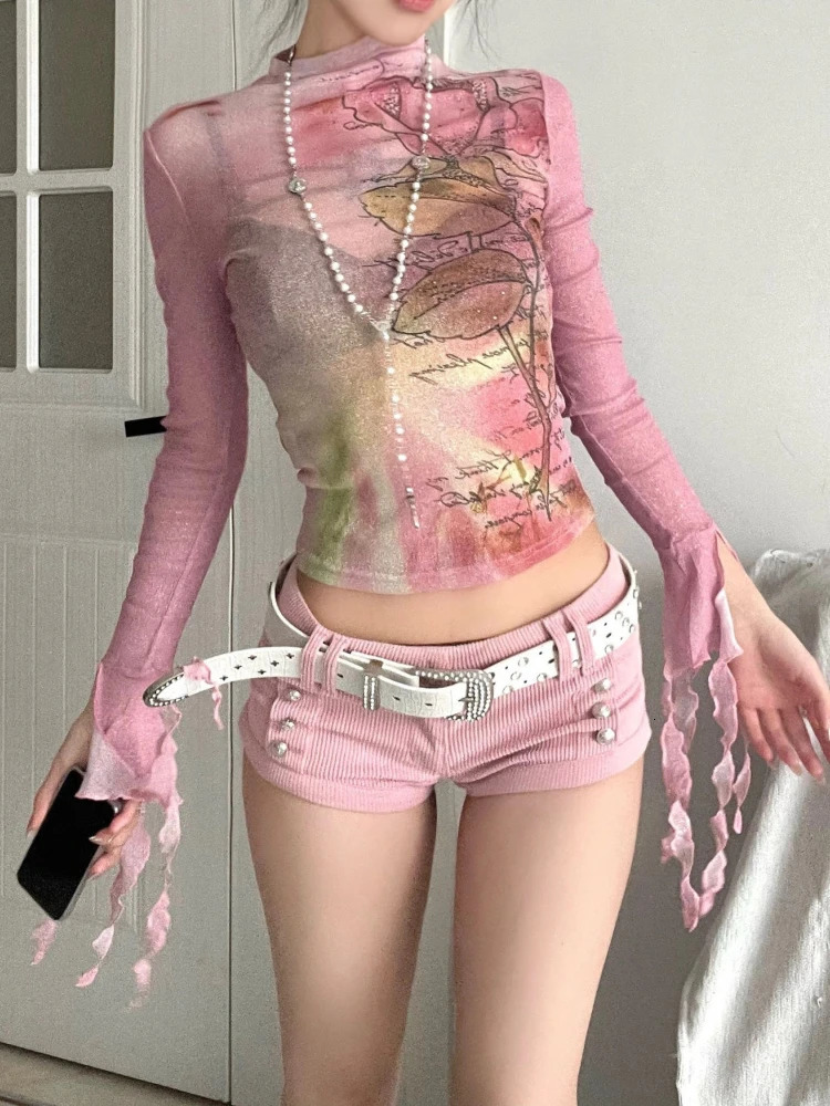 Y2k Clothes Mesh Crop Top Sheer Long Sleeve T-Shirt 2000s Aesthetic Pink Top Korean Tops Harajuku Style