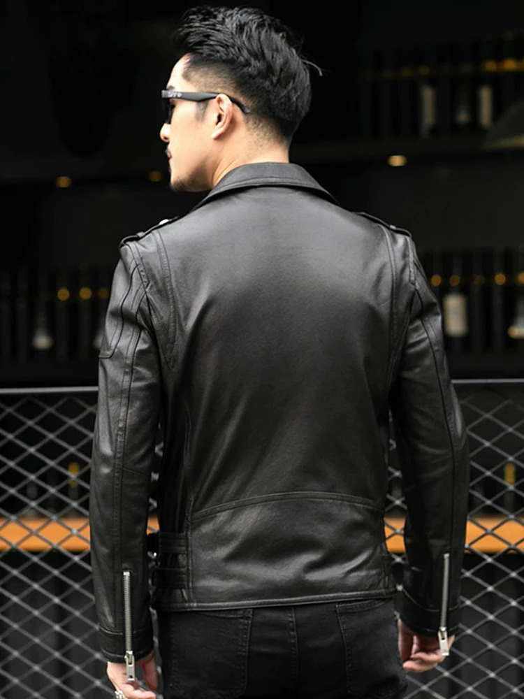 Spring Autumn Short Cool Black Leather Biker Jacket Men Zipper Long Sleeve Belt Plus Size European Fashion leather jackets 250109Z