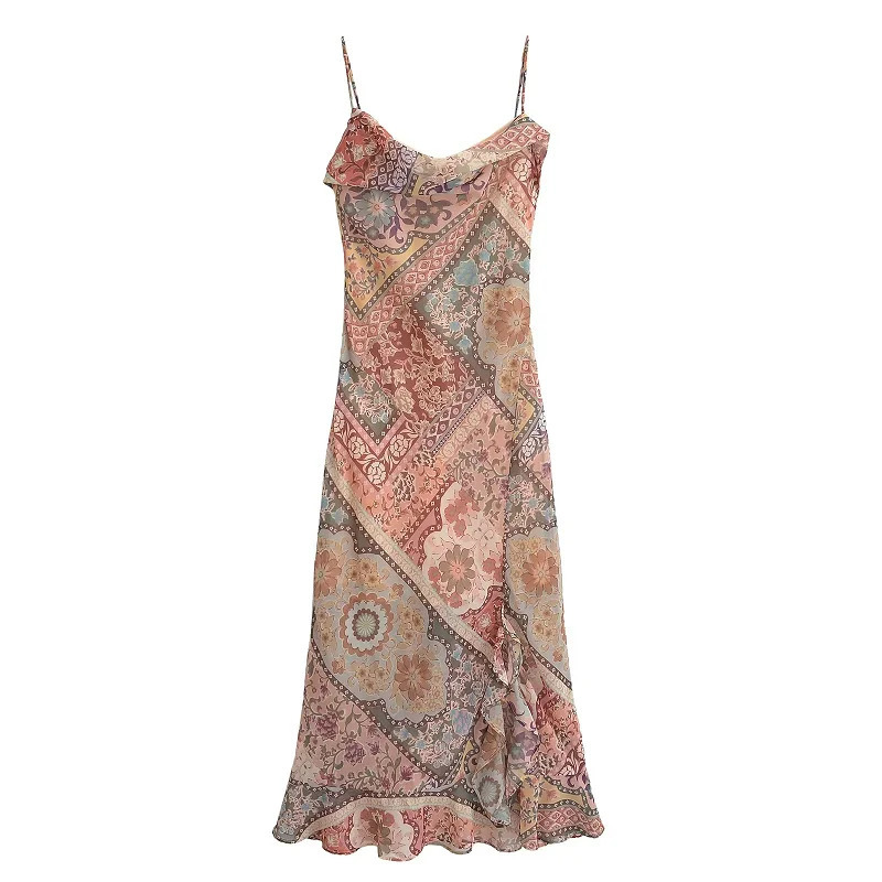TRAF Long Dresses 2024 Summer Womens Sexy Elegant Party Floral Printed Backless Butterfly LaceUp Midi Slip 250207