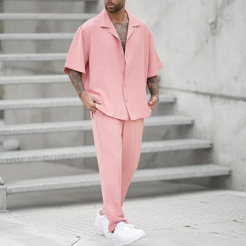 Summer Fashion Shirts and Pants Twopiece Mens Sets Trend Solid Color Male Suit Pink Large Size Sweatshirts Clothing 250207