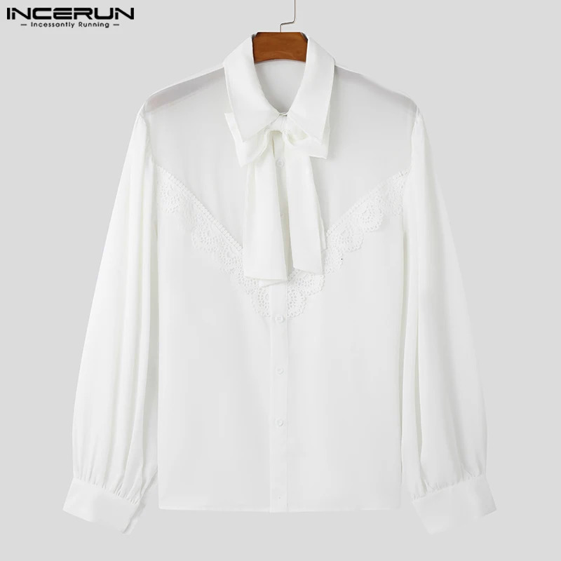 INCERUN Mens French Romance Bow Shirts Casual Loose Stand Collar Tops Handsome Fashion Lacing Splicing Patchwork Top Tunics 250207