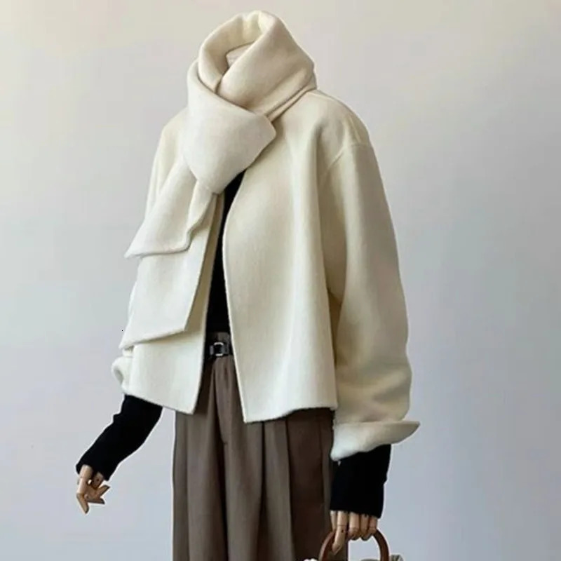 EWQ Fashion Allmatch Long Sleeve Scarf Collar Female Doublefaced Cashmere Coat Women Woolen Coats 2025 Winter Short Jacket 250109Z