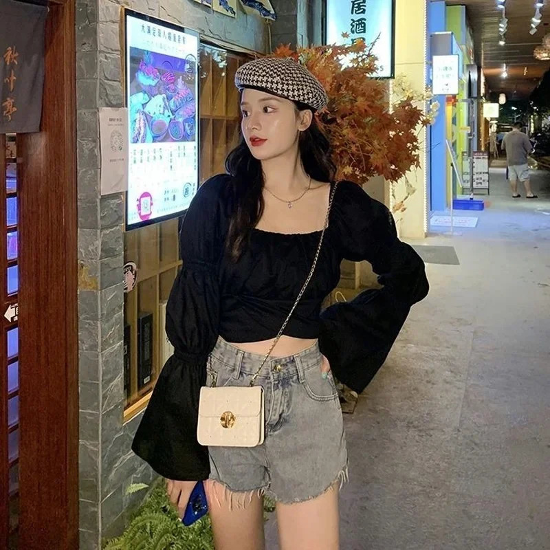 Back Puff Sleeve Shirts Women Autumn French Bow Bandage Blouses Black Pink Square Neck Cropped Tops Female 250121