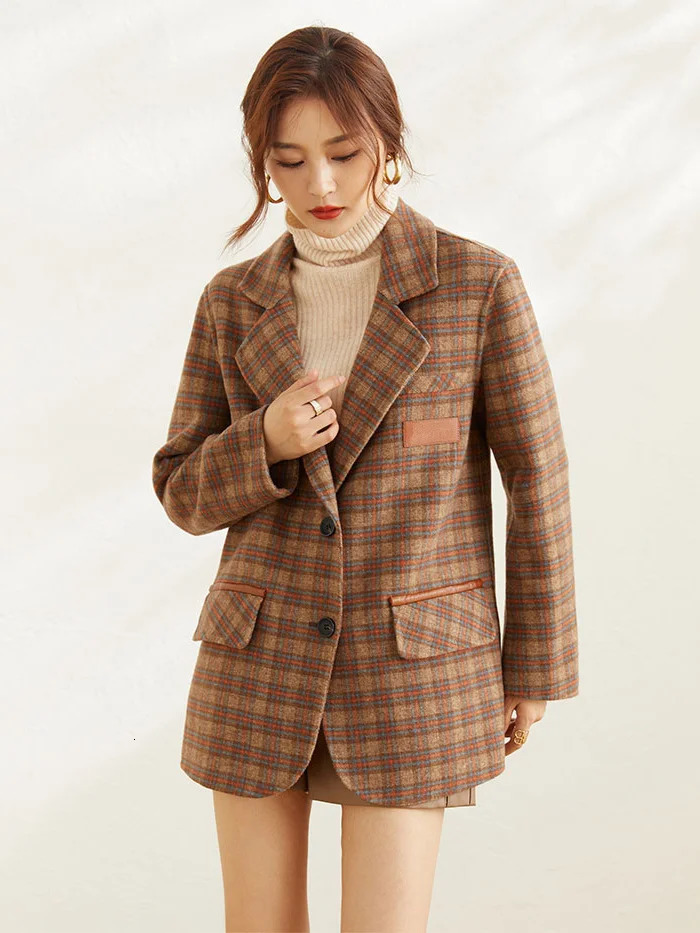 Womens High-end Cashmere Womens Jacket Plaid Coat Suit Jacket Korean Version Loose Fit 250207