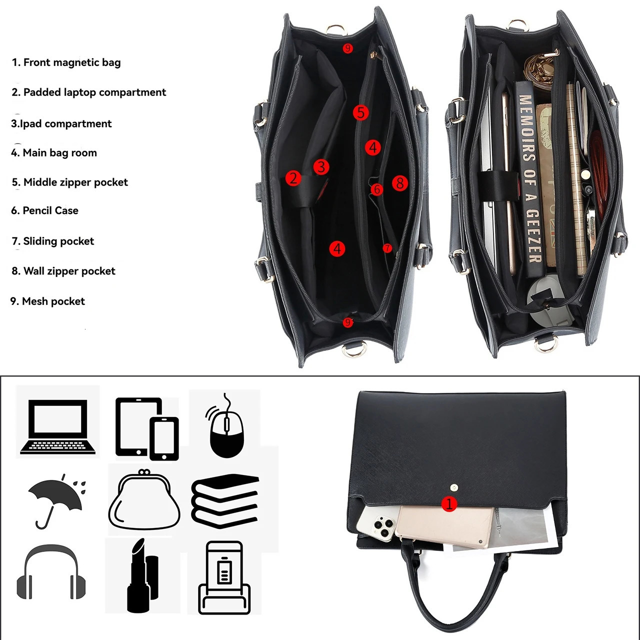 Large Capacity Laptop Bag for Women 15.6 Inch Laptop Tote Bag Leather Work Bag Waterproof Briefcase Business Office Computer Bag 250208