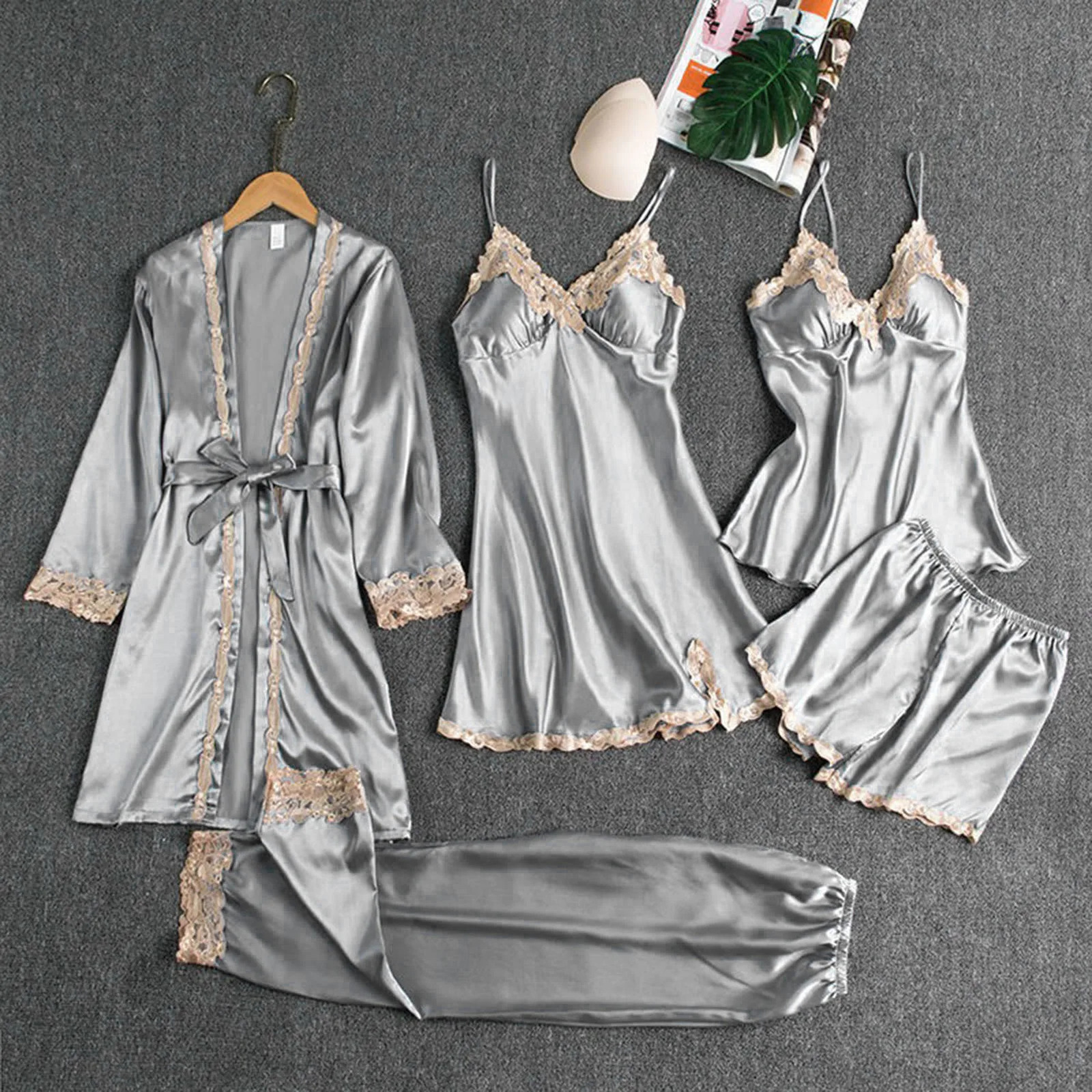 5 Pcs/Set Women Pajamas Set Silky Satin Lace Nightdress Top Shorts Pants Set Patchwork Loose Lace-up Waist Thin Sleepwear Set 250207