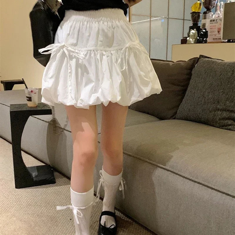 Rimocy Korean Ins Bowknot A Line Skirt Summer High Waist Lantern Mini Skirts Woman Solid Color Sweet Style Girls 250208Z