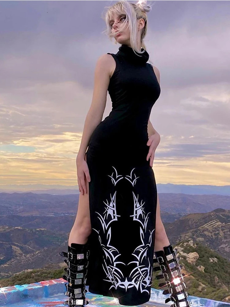 SUCHCUTE Gothic Print Midi Dress For Women Summer Turtleneck Dark Academia Fashion Long Harajuku Sleeveless Black Dresses 250207
