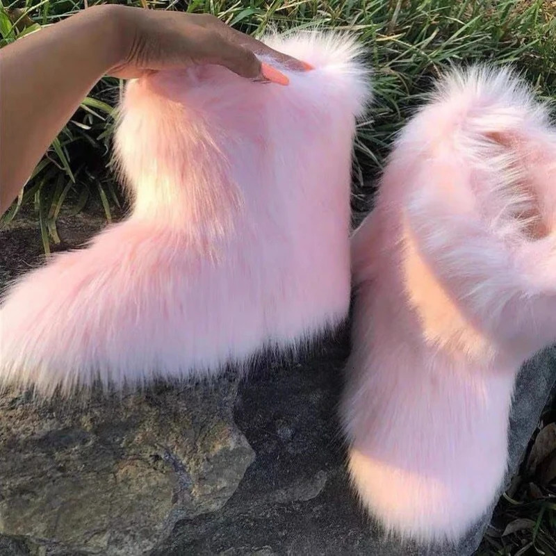 Womens Winter Fluffy Faux Fur Boots Woman Plush Warm Snow Footwear Girls Furry Bottes Fashion Shoe y250118