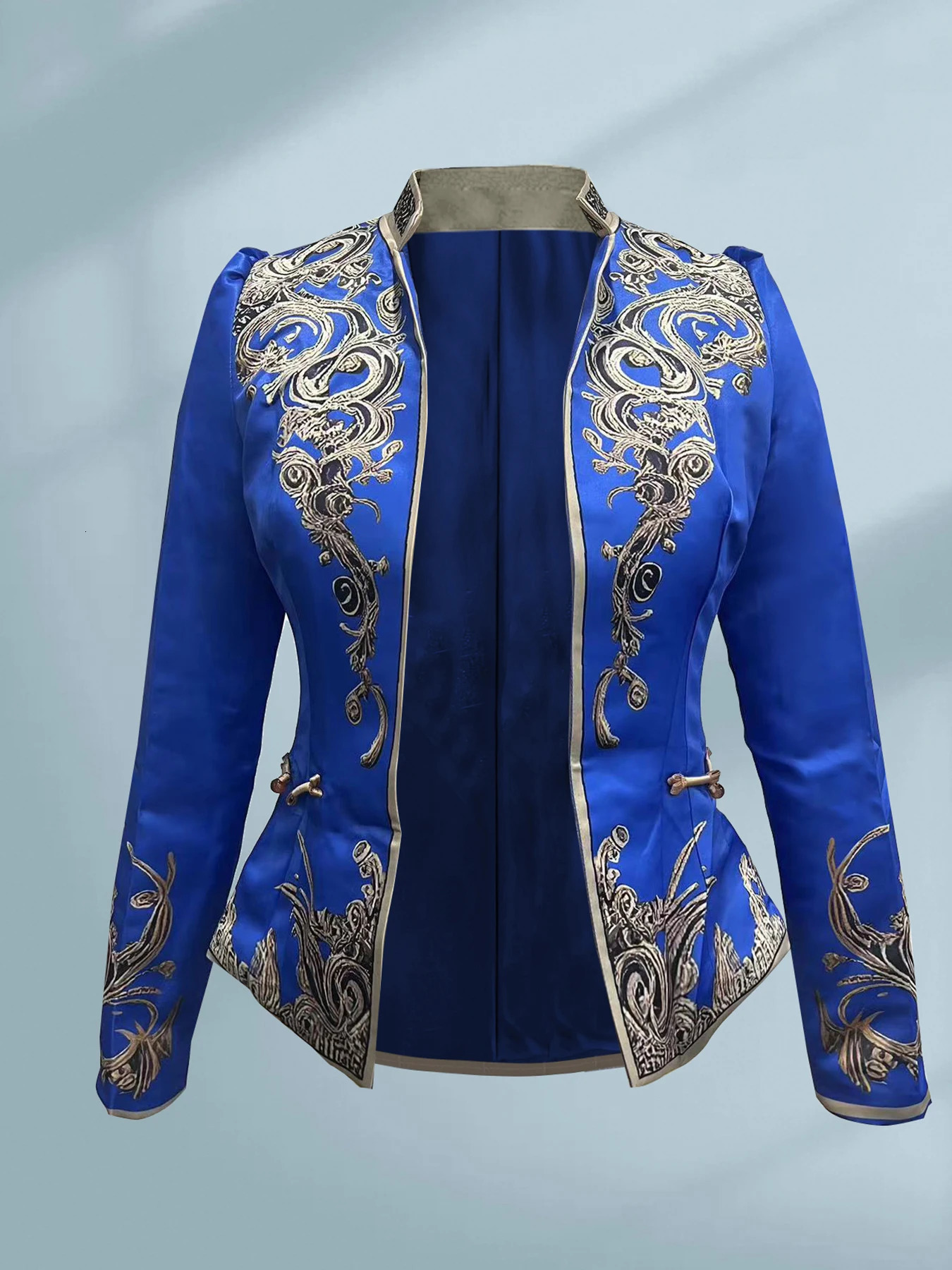 Elegant Chic Jacket Women Vintage Floral Stand Collar Slim Waist Asymmetric Loose Long Sleeves Tops Blazers Coats 250207