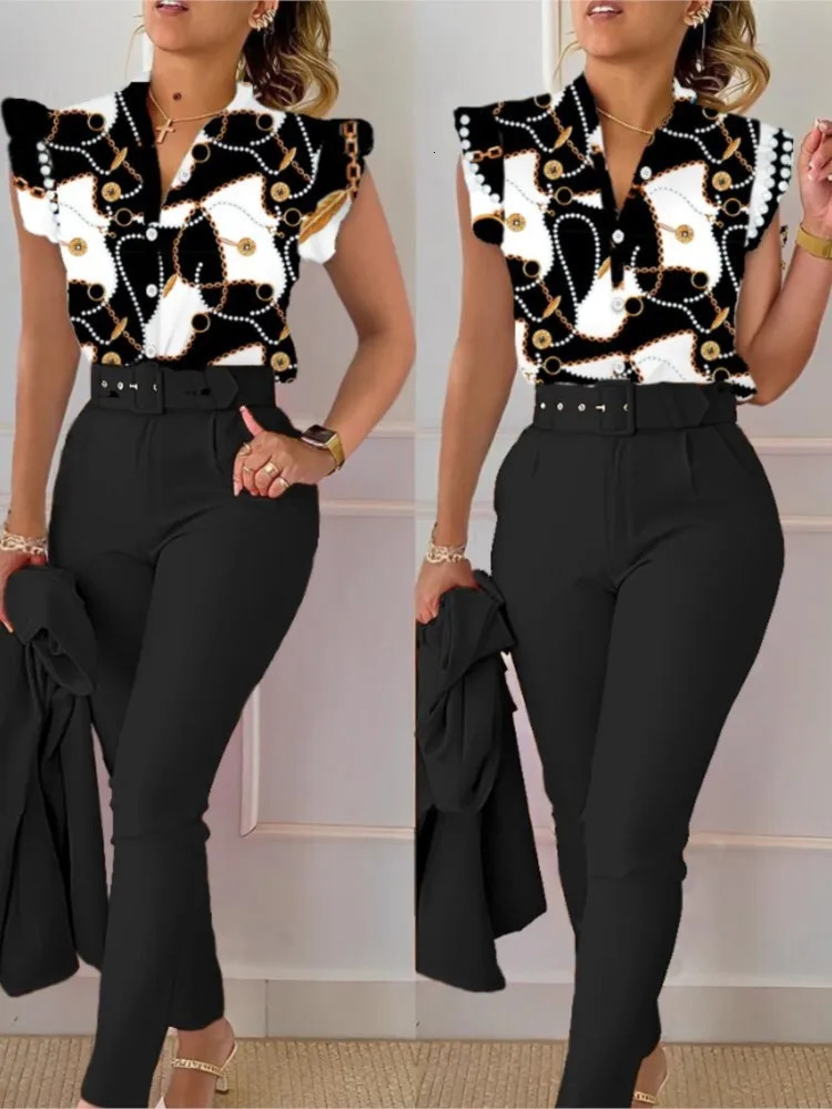 Womens Elegant Slim Two-Piece Sets Summer Fashion Print V Neck Button Flying Sleeve Shirt Top Solid Long Pants Suits With Belt 250207