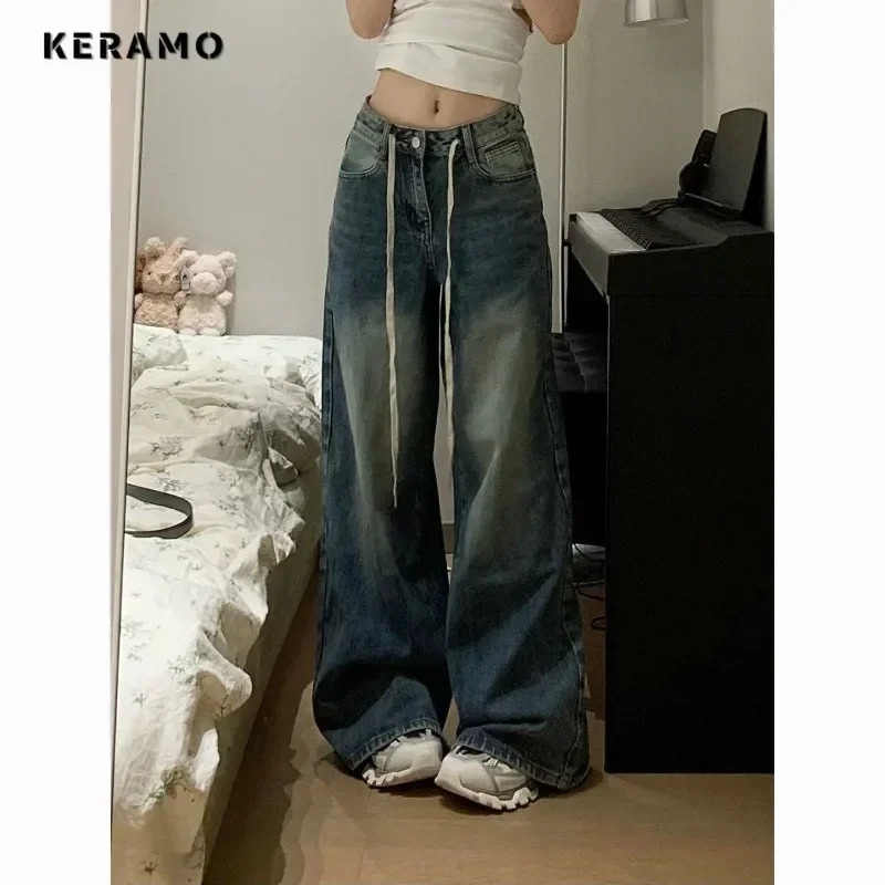 Harajuku Vintage Drawstring High Waist Loose Jeans Autumn Pants Winter Womens Y2K Wide Leg Baggy Streetwear Denim Trouser 250206