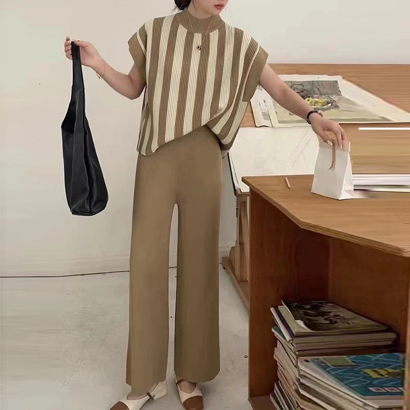 Womens Sweater Pant Set Winter Knitted Casual Pullovers Suits Long Sleeve AutumnLoose Tops Elastic Striped Elegance Sweaterpants 250207