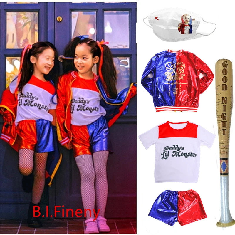Carnival Kids Girls Suicide Harley Cosplay Costumes Squad Quinn Monster Jacket Pants Sets Inflatable Baseball Bat Suit 250207
