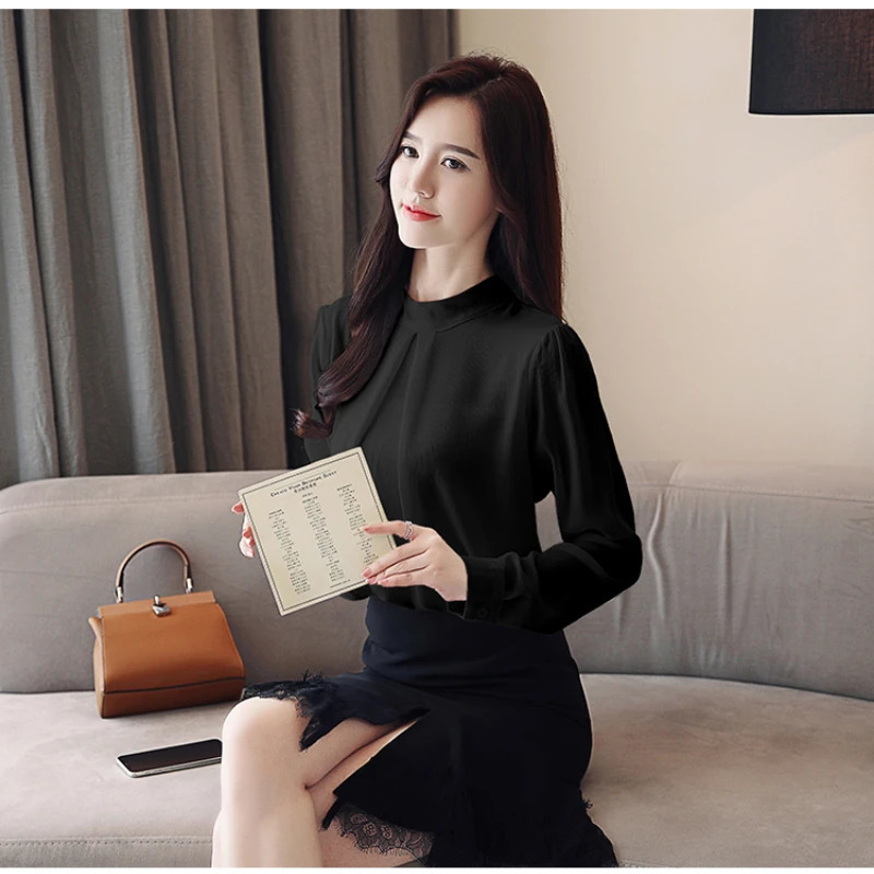 2025 Spring Autumn Chiffon White Womens Blouse Long Sleeve Stand Collar Elegant Workwear Office Lady Korean Shirts Female 250121