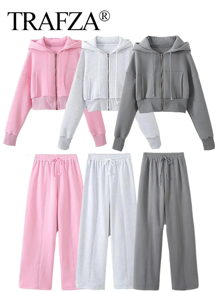TRAFZA Bomber Jacket Pant Set For Women Casual Long Sleeve Zipper Coat Vintage Solid Sweatshirt Suit Spring Woman Streetwear 250207