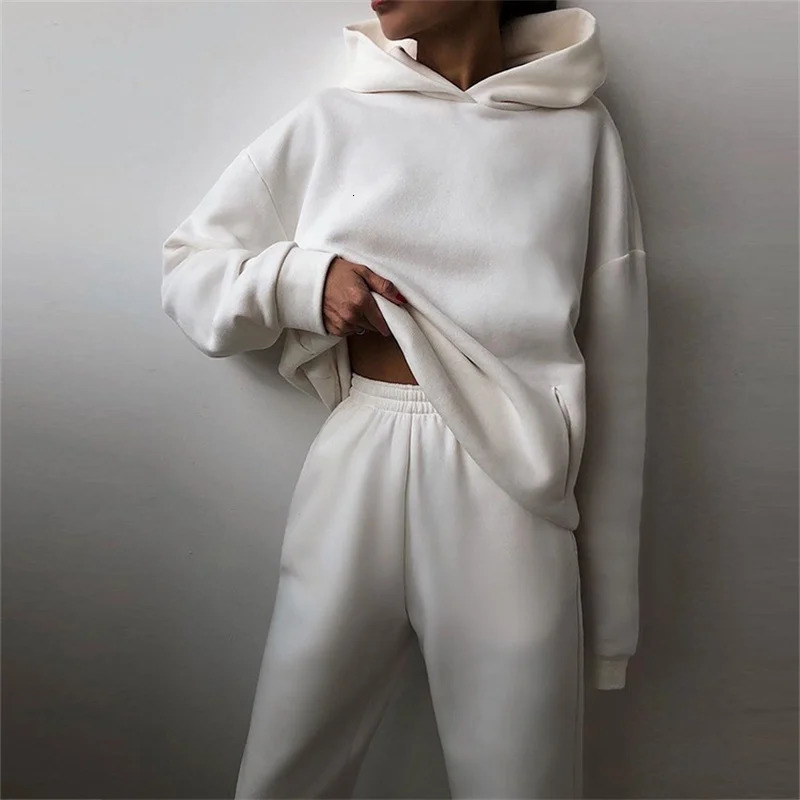 Womens Tracksuit Suit Autumn Fashion Warm Hoodie Sweatshirts Two Pieces Oversized Solid Casual Hoody Pullovers Long Pant Sets 250207