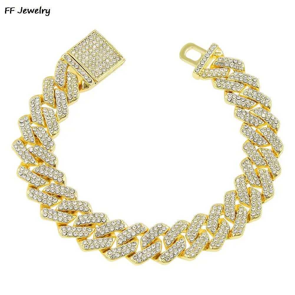 14mm Hip Hop Shiny Cuban Link Chain Bracelets Gold Color Rhinestone Iced Out Chain Bracelets Punk Wristband Women Men Jewelry Y250208