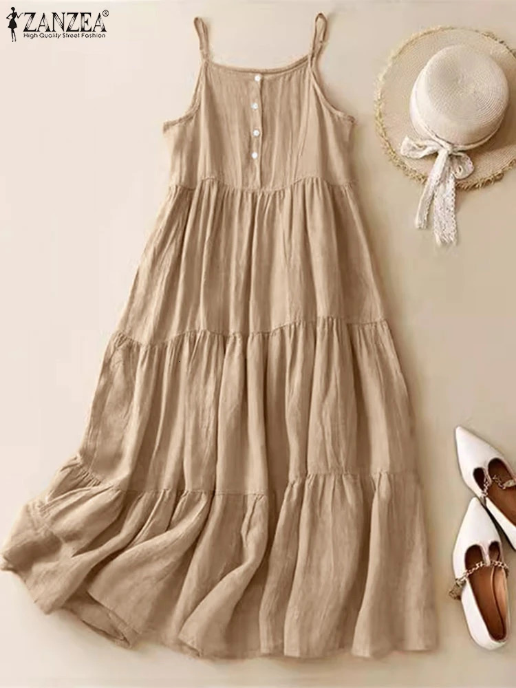 Summer Women Spaghetti Strap Holiday Midi Dress 2024 ZANZEA Stylish Solid Ruffles Sundress Elegant Casual Aline Party Vestidos 250207