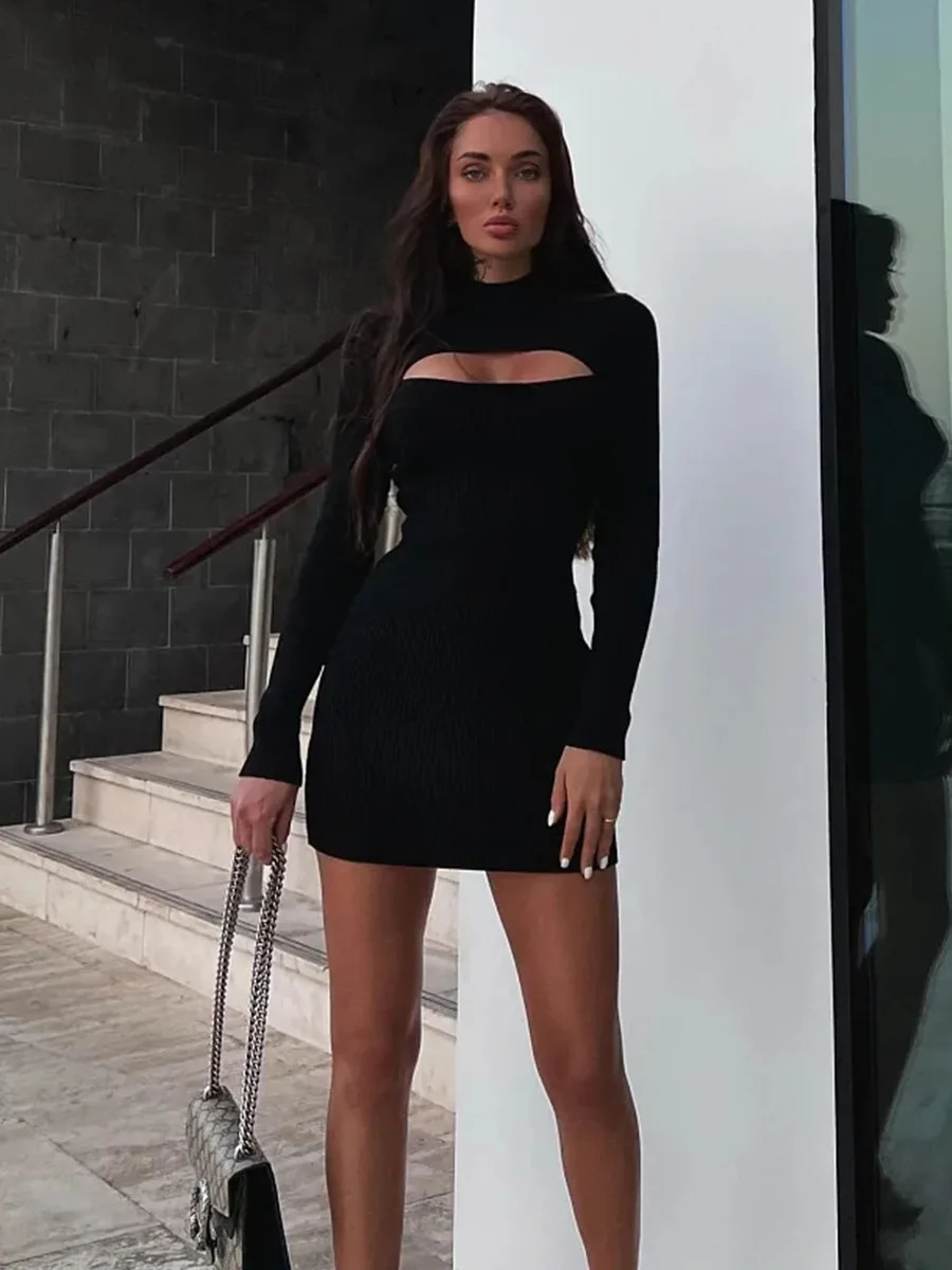 2023 autumn and winter long sleeved knitted dress for women sexy short skirt white black tight fitting 250208