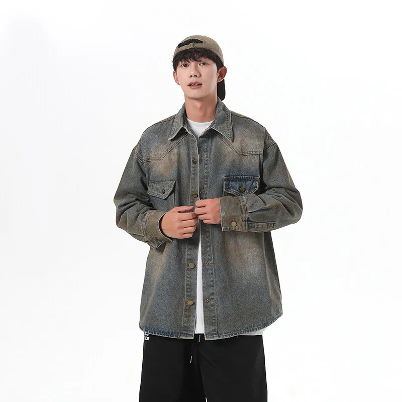 GIOIO mens denim jacket American high street lapel casual top fashionable allmatch shirt 250207