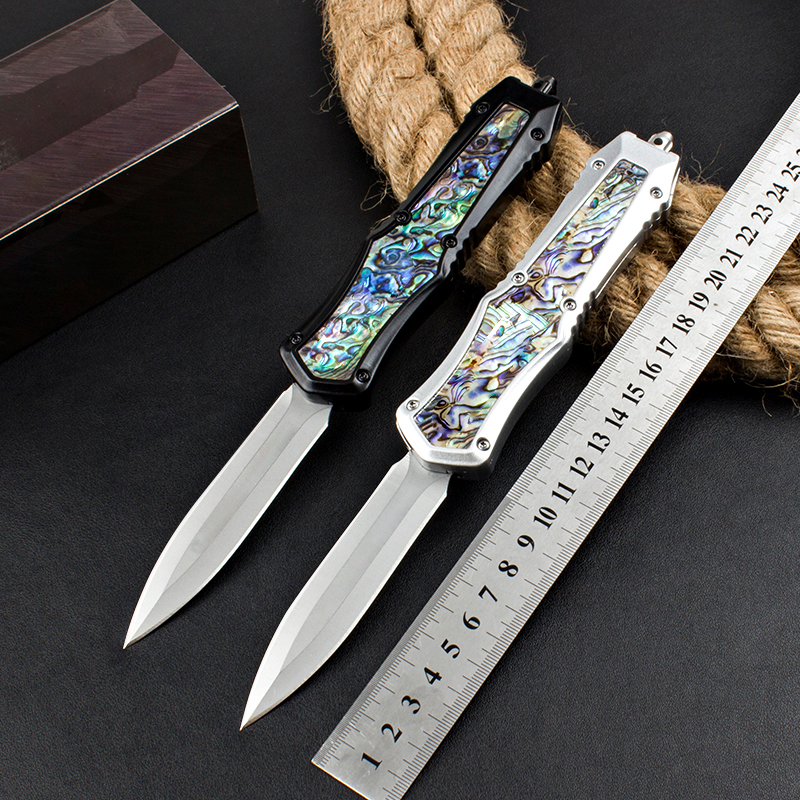 Top Quality Tactical Knife 440C Stone Wash Double Edge Spear Point Blade Zn-al alloy /Abalone shell Handle EDC Pocket Knives 2 Styles