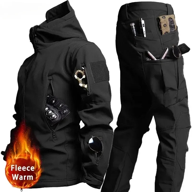 Tactical Waterproof Men Camo Set Soft Shell Fleece Winter Combat Suit Windbreak Warm Multi Pocket Outdoors Training Uniform 250207