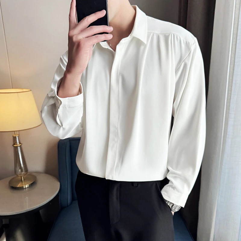 High End Solid Color Shirts Men Loose Pleated Hanging Shirt Long Sleeved Shirt Casual Business Social Men Clothing 250207