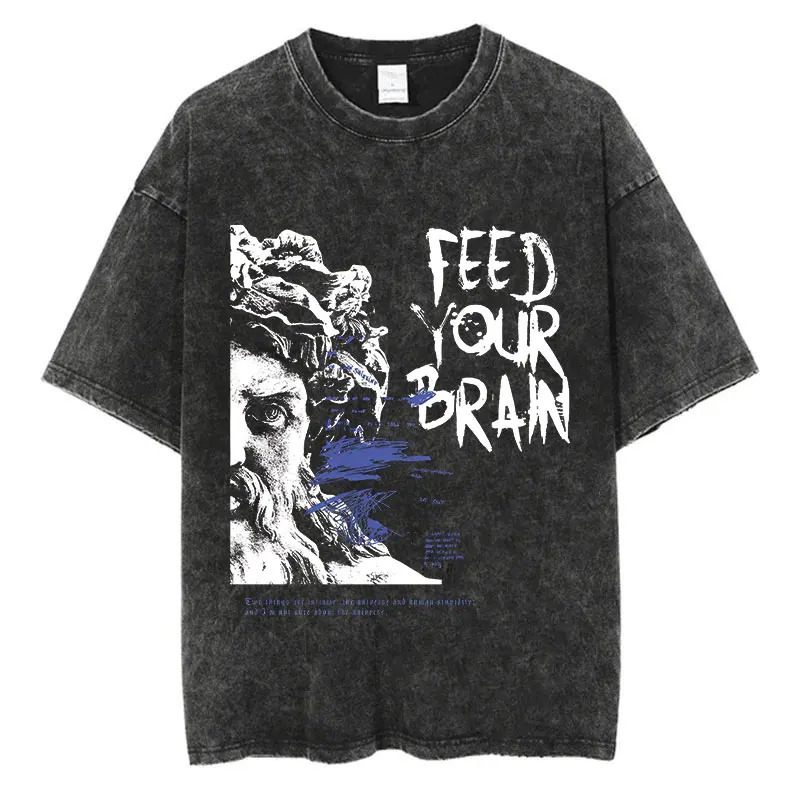 Men Fashion Washed T Shirt Streetwear Graphic Print Harajuku Hip Hop T-Shirt Summer Black Short Sleeve Cotton Loose Tops Tees 250207