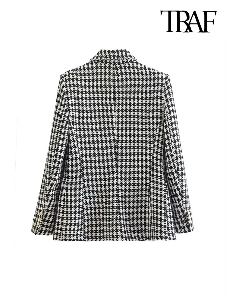 TRAF Women Fashion Double Breasted Houndstooth Blazer Coat Vintage Long Sleeve Flap Pockets Female Outerwear Chic Vestes 250208wtt