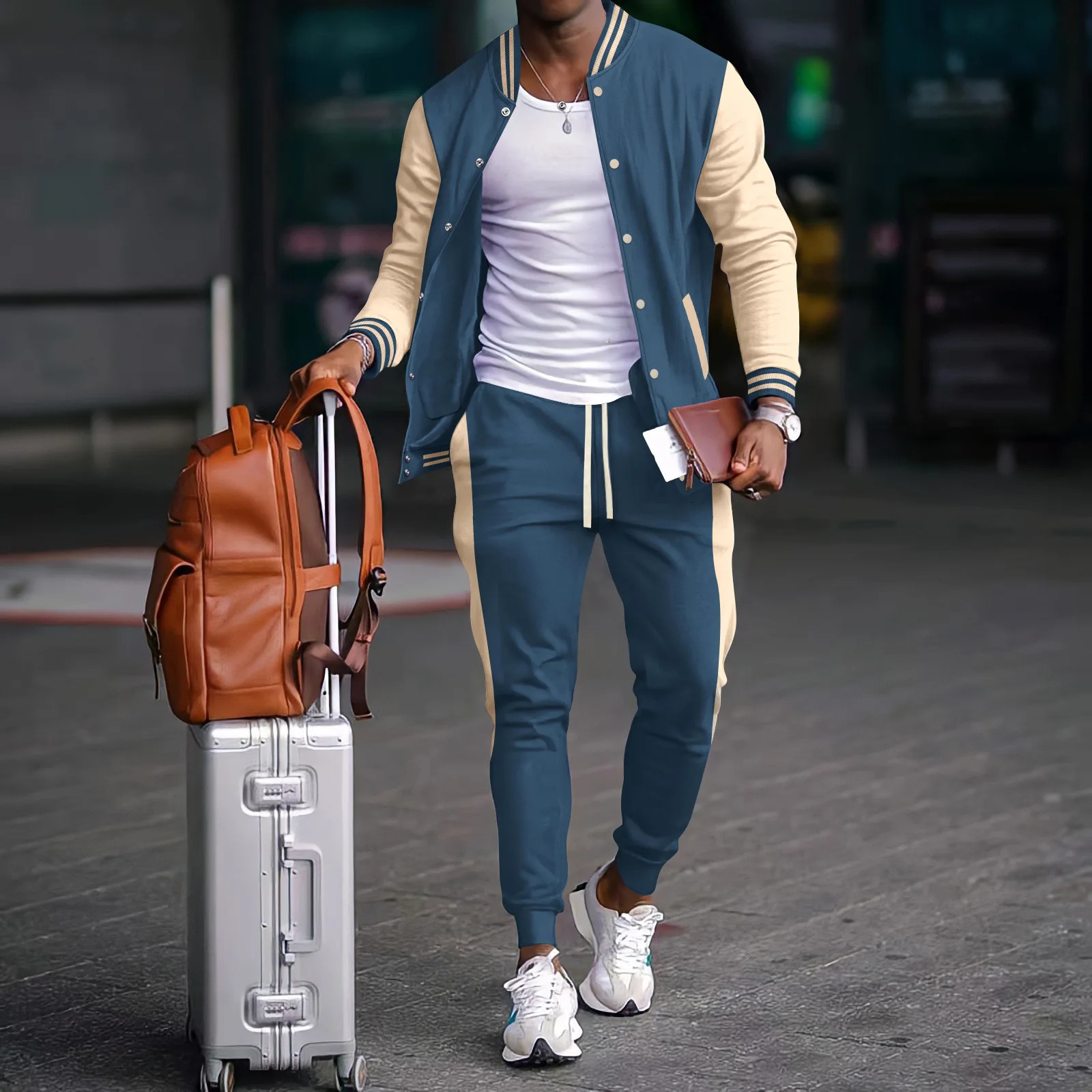 Autumn and winter thick baseball suit casual mens stand collar cardigan coat matching color sports long sleeve pants suit 250208