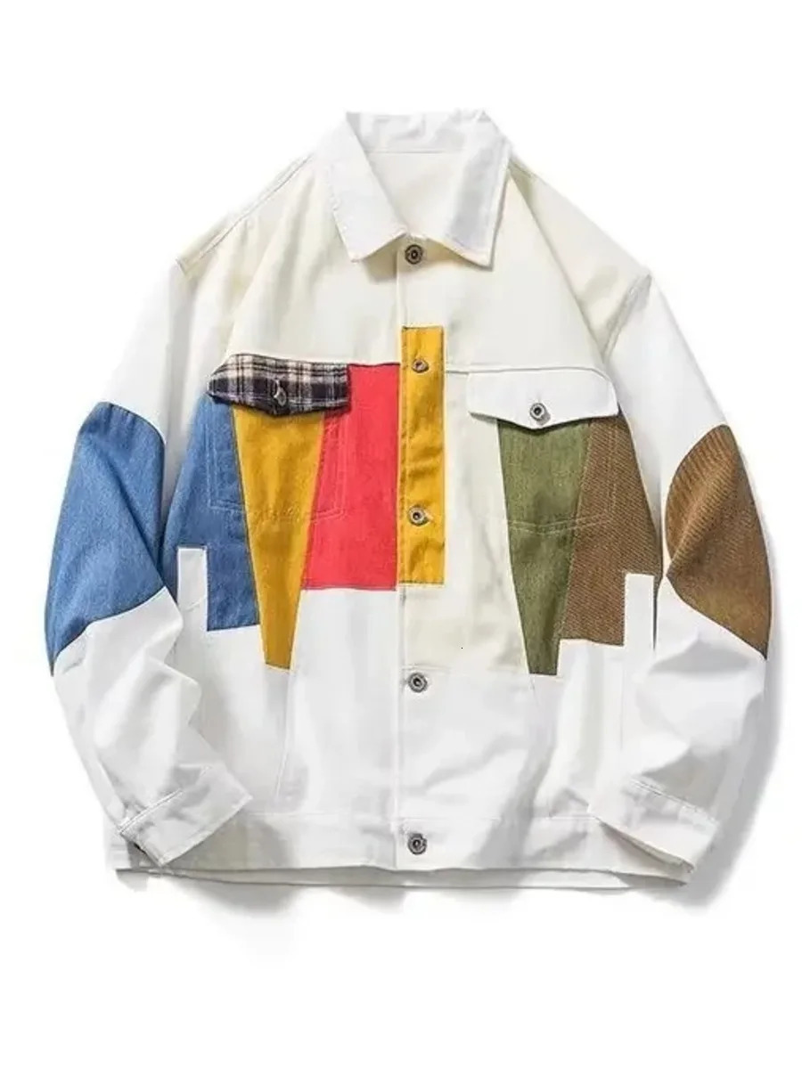 Color Patchwork Personalized Vintage White Denim Jacket Mens Casual Cargo Top Loose Fit American Style Spring Autumn Outerwear 250207