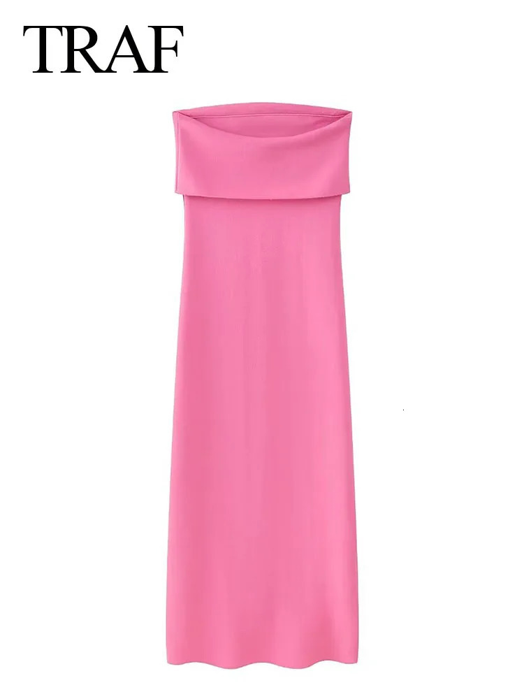 TRAFZA 2024 Womens Pink Dress For Beach Party Midi Dres Solid Strapless Backless Off Shoulder Slim Long Dresses Summer 250207