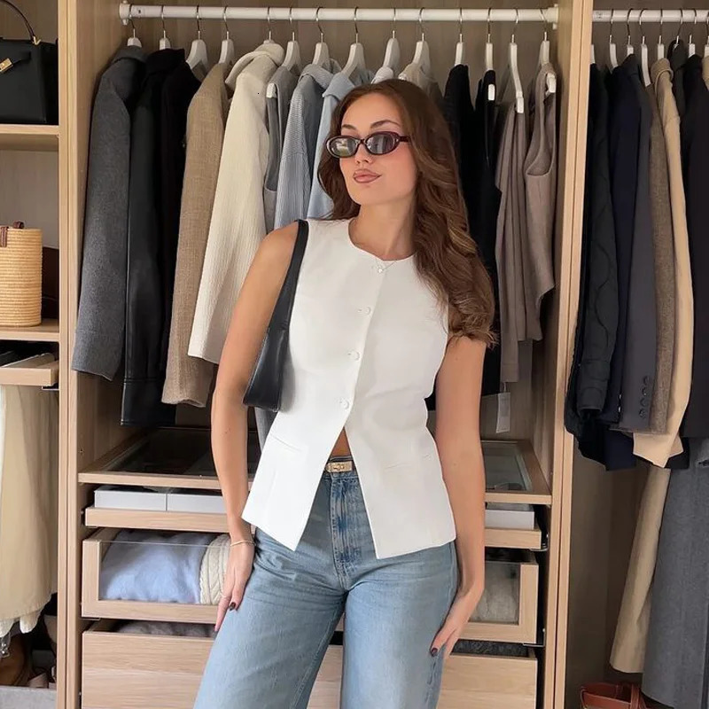TRAF Womens Vests Sleeveless White Black Pink Vest Women Office Wear Long Woman Outerwears Casual Button Green Suit 250207