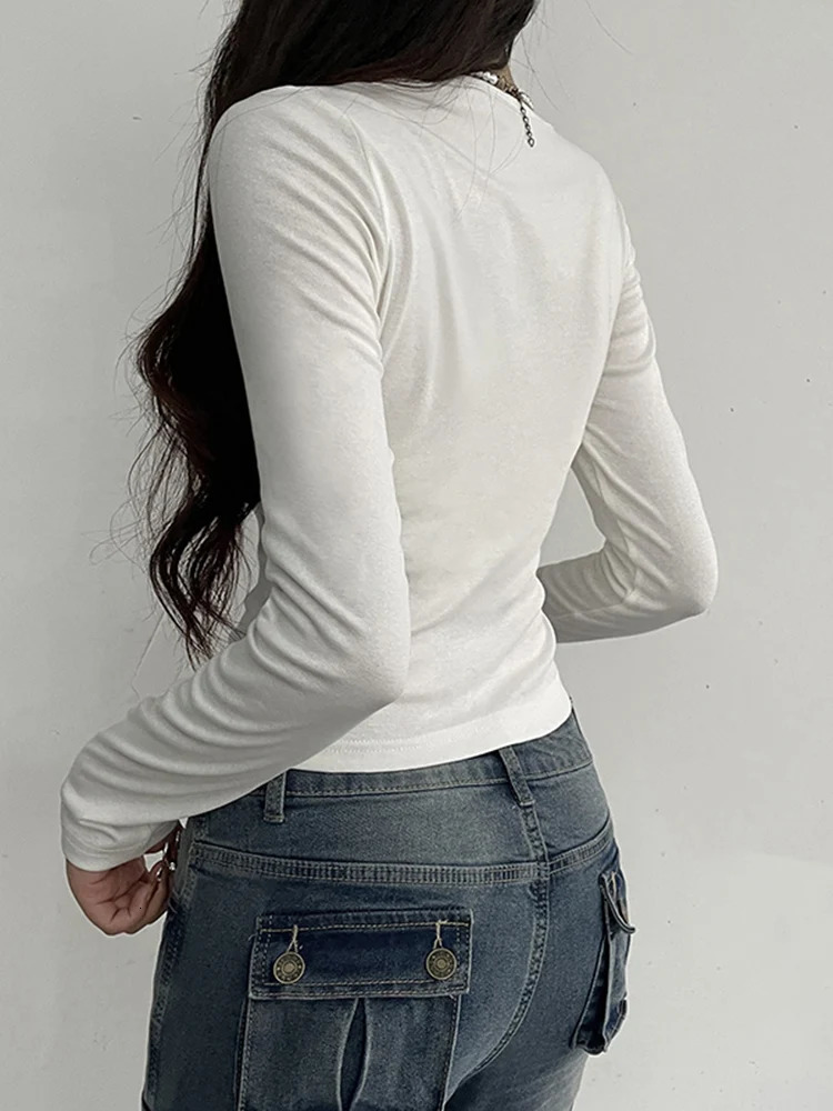 Ruched Tie Lace Trim Square Collar Slim Long Sleeve White Y2K T Shirt Women Cute Japanese Kawaii Clothing 250114