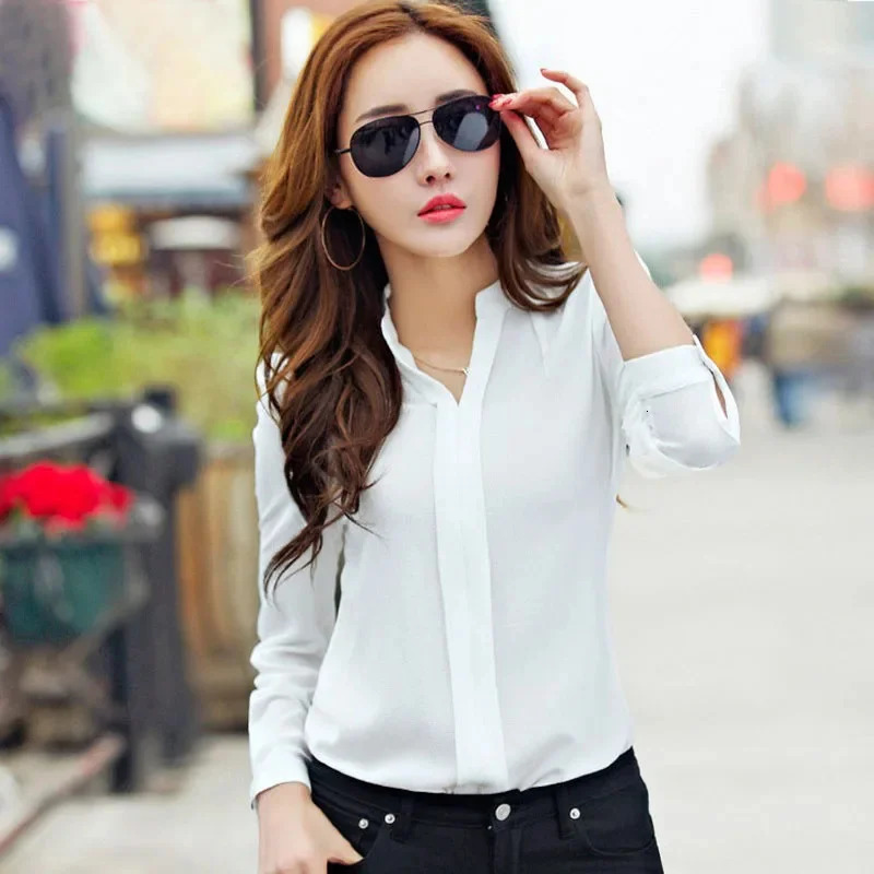 Long Sleeve Shirt Women Autumn Clothing Fashion Slim Blouse V Neck Korean Elegant Ladies Office Shirts White Red 250121
